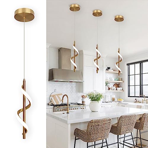 Gold Pendant Light, Spiral Modern Led Pendant Lighting for Kitchen Island, 5500K Brushed Brass Ceiling Hanging Light Fixture for Dining Room Bedroom Sink Table Small Pendant Lights