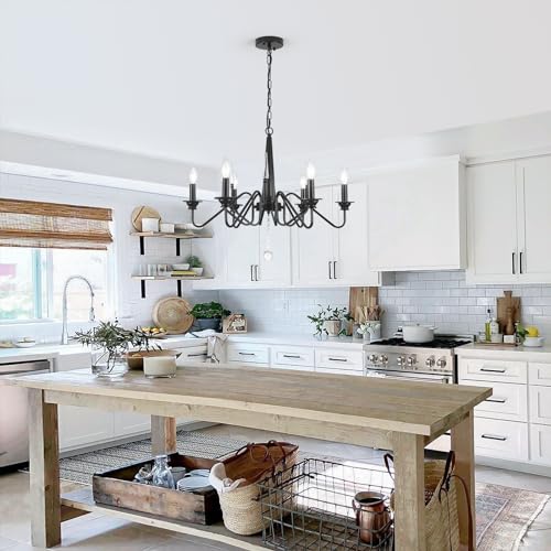 Chandeliers,8-Light Round Wagon Wheel Chandelier with Wood Beaded,Black Farmhouse Pendant Light, Adjustable Height Hanging Light for Kitchen Bedroom Dining Room