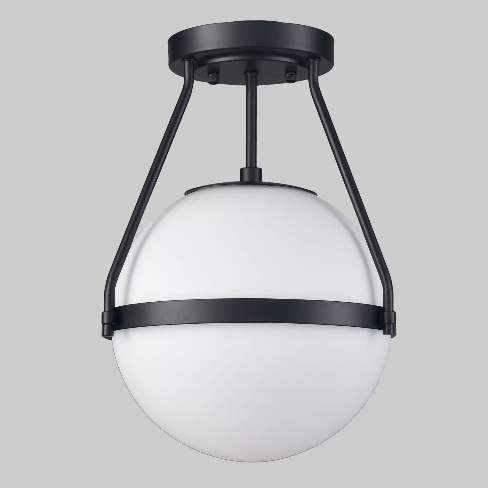 Modern Globe Semi Flush Mount Ceiling Light,Black Ceiling Light Fixture with Opal Glass 7Inch/18CM,Mid Century Kitchen Light Fixtures Hallway Light Fixtures Ceiling for Bedroom Kitchen