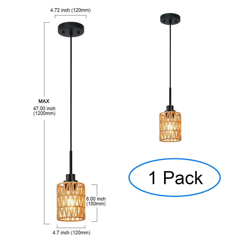 2 Pack Rattan Hanging Light Fixture Boho Pendant Light Black Adjustable Dining Table Light Fixture with Rattan Lamp Shade, Set of Two Mini Pendant Lighting for Kitchen Island Hallway Stair