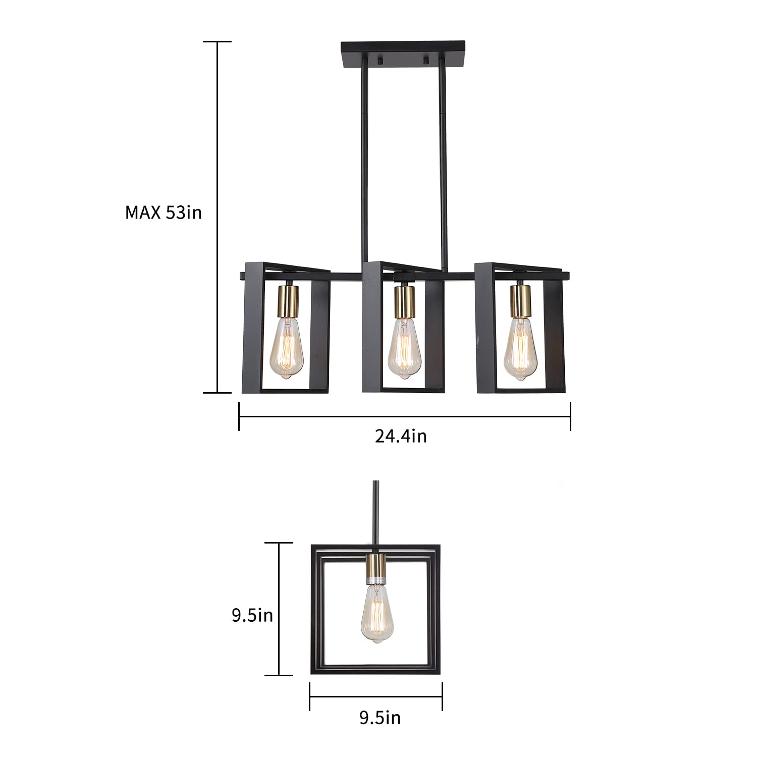 9MMML 3 Lights Kitchen Island Lighting, Modern Rectangle Linear Pendant Light, Black Frame+ Gold Socket Chandelier for Dining &Living Room Foyer Entryway Hallway,E26,Height Adjustable.