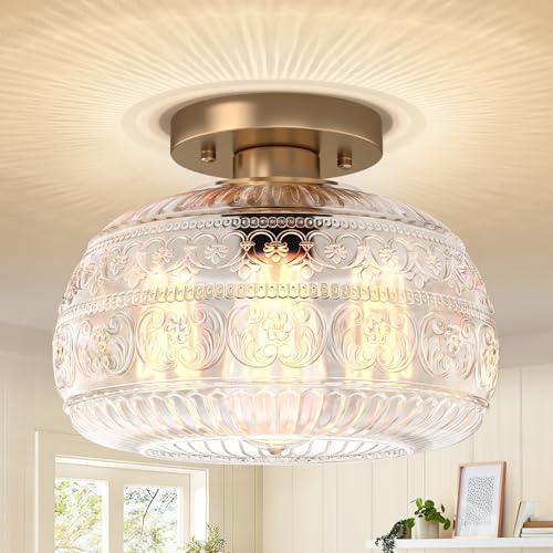 Semi Flush Mount Ceiling Light, Upgraded Modern Close to Ceiling Light Fixture with Clear Glass,Gold Indoor Kitchen Lighting for Porch Corridor Hallway Bedroom, Bulb Not Included