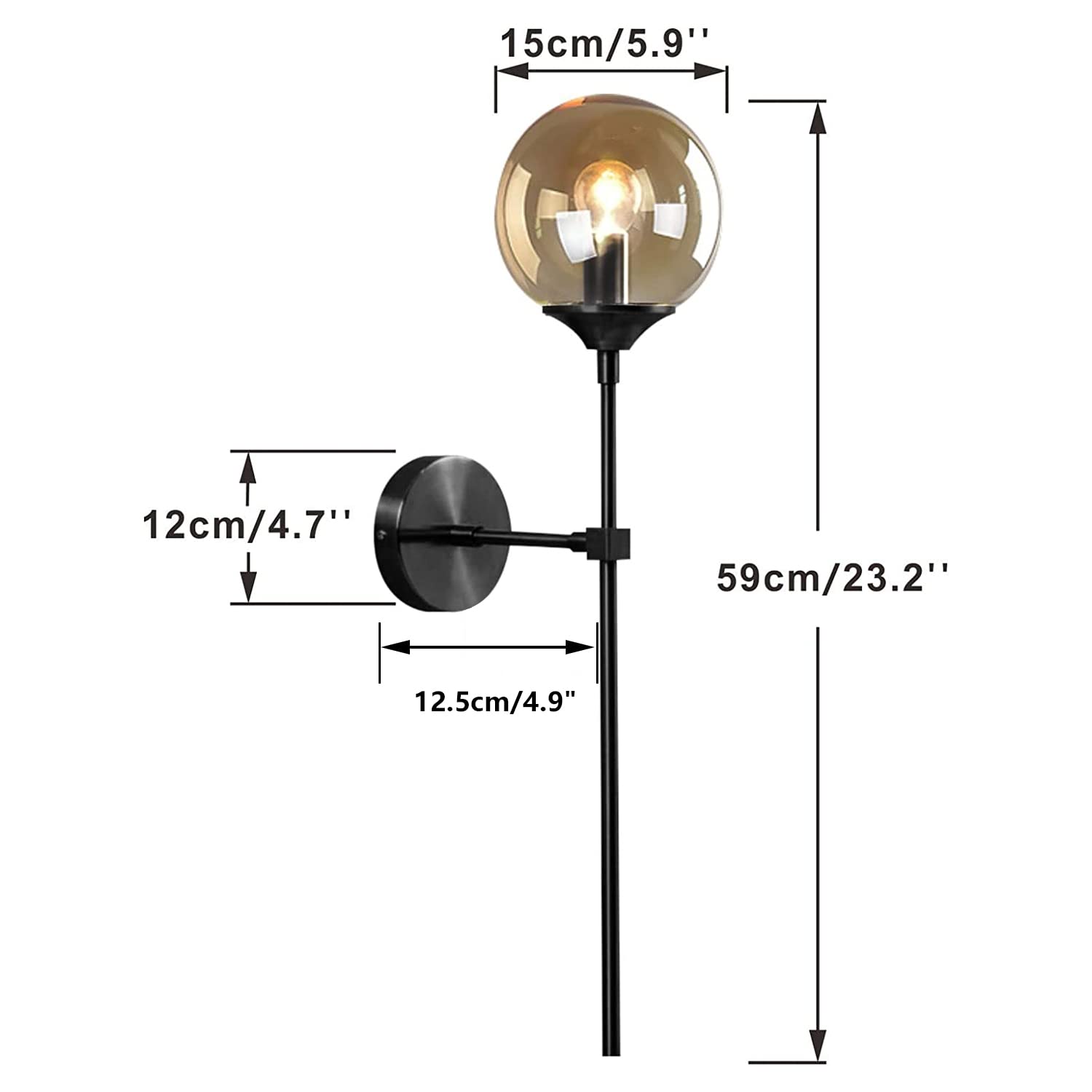 Lighting Modern Smoke Grey Glass Globe Black Matte Slim Wall Sconce Light with Long Arm Vintage Industrial Wall Sconce for Hallway, Stairs, Bathroom Mirror