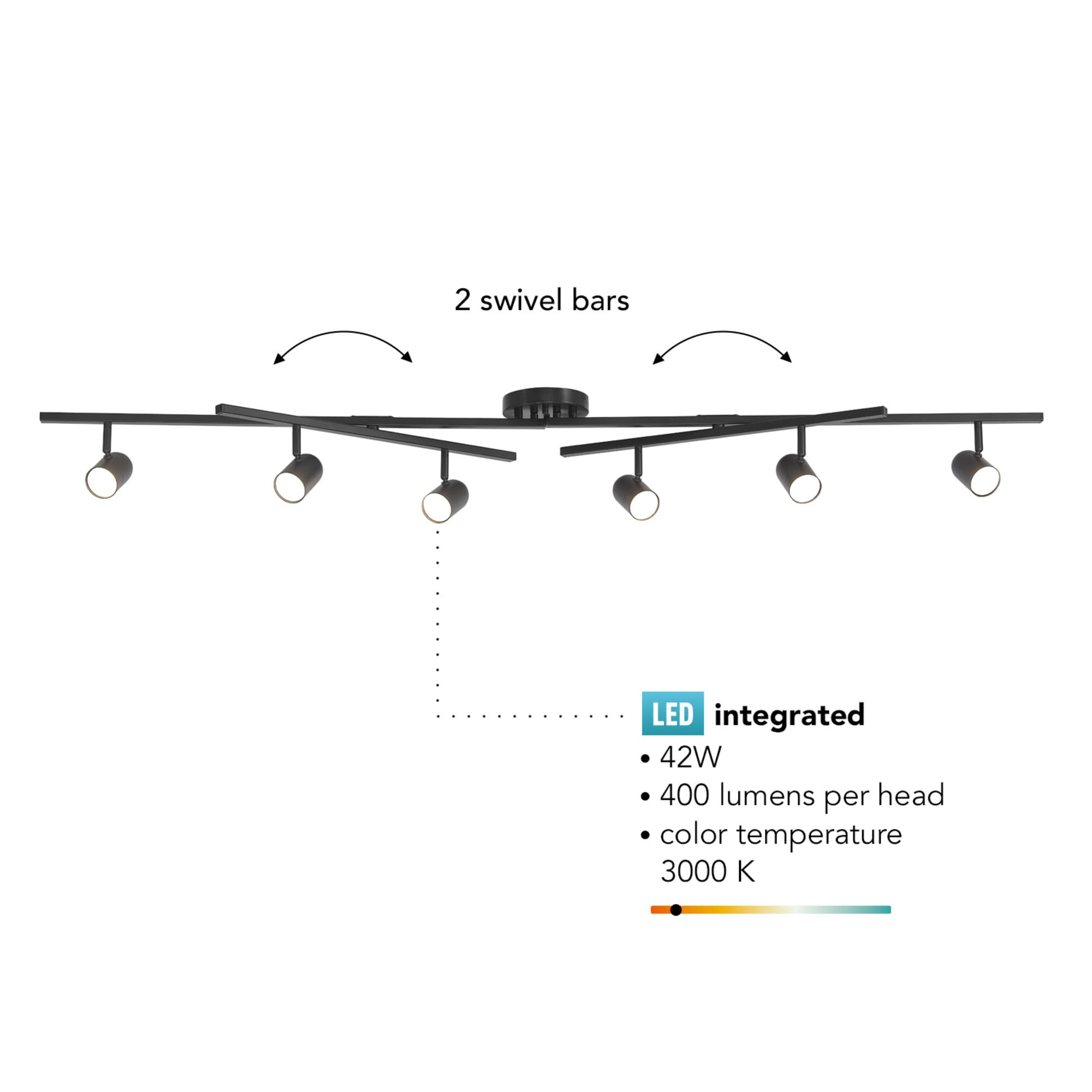 6-Light Foldable LED Integrated Track Lighting, Matte Black, Center Swivel Bars, 2400 Lumen