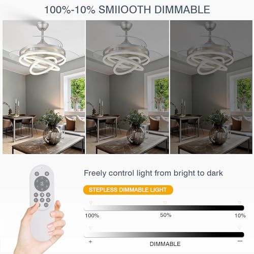 42 Inch Retractable Ceiling Fan, Chandelier Ceiling Fans with Lights, Silent DC Motor, 6 Speeds, 3 Color Changing for Bedroom Living Room (Gold)