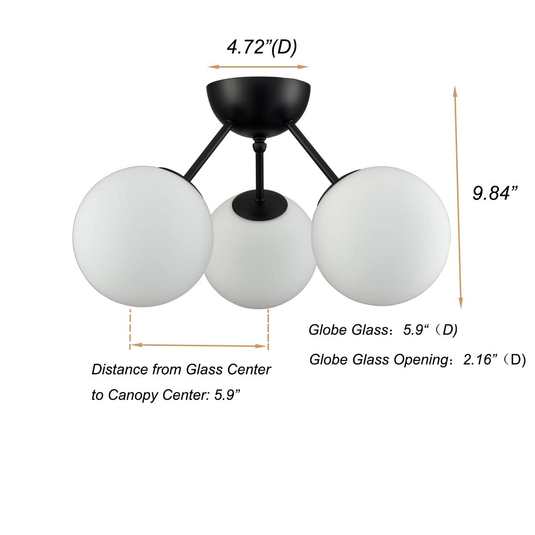 Modern Globe Semi Flush Mount Ceiling Light,Black Ceiling Light Fixture with Opal Glass 7Inch/18CM,Mid Century Kitchen Light Fixtures Hallway Light Fixtures Ceiling for Bedroom Kitchen