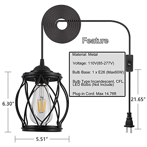 Industrial Black Pendant Light Fixture with Glass Retro Farmhouse Mini Glass Pendant Lighting with Cage Vintage Caged Glass Pendant Light for Kitchen Island, Dining Room, Bedroom, 1-Pack