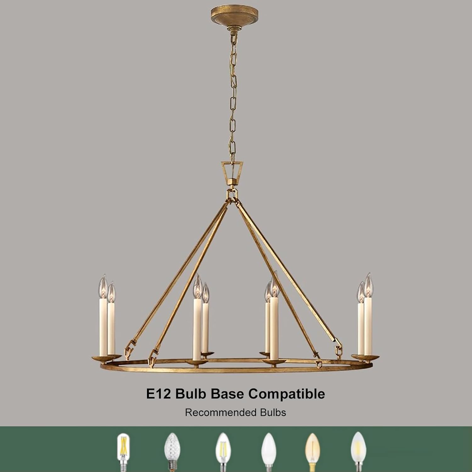 Rustic 35.4'' Chandeliers Candle-Shaped 8-Light Metal Chandelier Lighting Antique Brass Round Ceiling Hanging Light Fixture (8-Light)