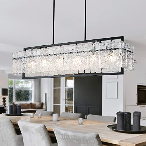 Modern Rectangle Black Crystal Chandeliers for Dining Room, 42" Large Rectangular Water Ripple Glass Island Light Fixture, Linear Farmhouse Lighting for Kitchen Island, Living Room, L42 x W11 x H12.