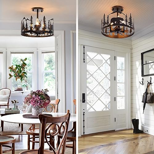 Rustic Semi-Flush Mount Ceiling Light Fixture,3-Light E12 Base Black Round Farmhouse Metal Light Fixtures for Kitchen, Hallway, Living Room, Industrial Style with Deer, Bear, Tree Design -Frame