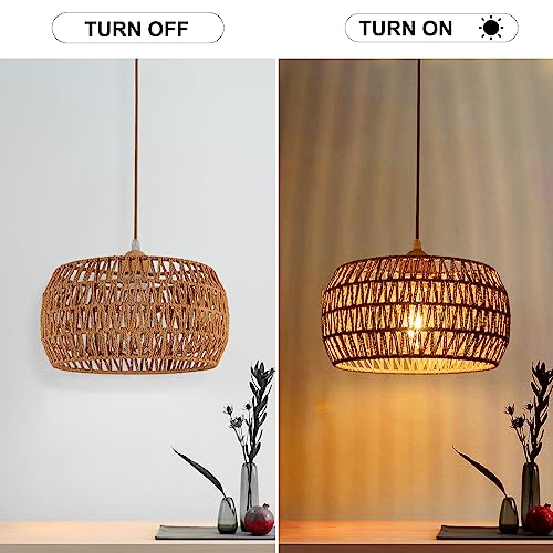 Rattan Pendant Light Fixture Basket Hanging Drum Chandelier Basket Light White Boho Ceiling Light Flush Mount Ceiling Light Woven Kitchen Chandelier for Dinning Room Hallway Bedroom Chandelier