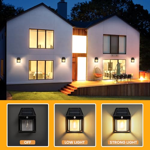 Solar Wall Lights Outdoor, Dusk to Dawn Motion Sensor Lights Waterproof, 2 Pack Motion Sensor Solar Porch Lights with 3 Modes, for Patio, Garage, Shed