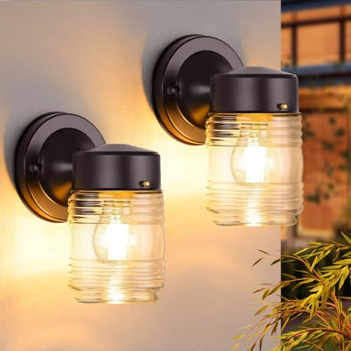 Jelly Jar Outdoor Wall Lantern, Black Exterior Waterproof Wall Mount Lighting Fixture, Anti-Rust Front Door Wall Sconce with Clear Ribbed Glass Shade, E26 Socket Wall Lamp for Patio, 2 Pack