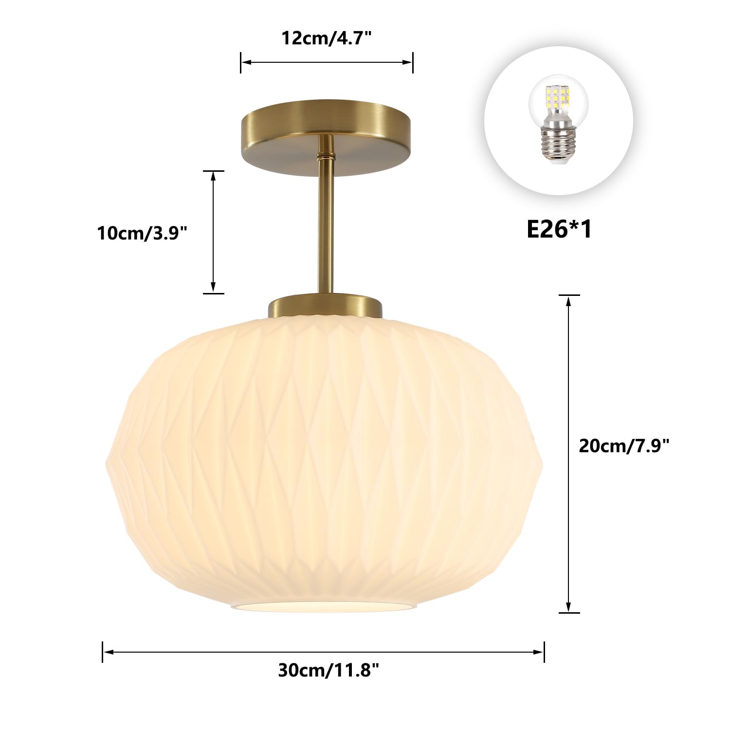 Semi Flush Mount Ceiling Light Mid Century Interior Ceiling Light with White Striation Glass Shade Gold Ceiling Light Fixture for Hallway Corridor Kitchen Bathroom