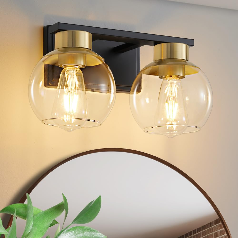 2 Light Black and Gold Vanity Lights for Bathroom Light Fixtures Over Mirror 13.7 in Clear Glass Shade Industrial Wall Sconce