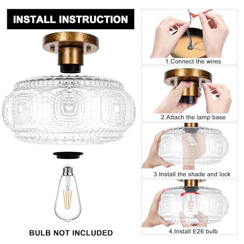 Semi Flush Mount Ceiling Light, Globe Glass Ceiling Light Fixture, Gold Modern Lighting for Hallway Porch Corridor Kitchen Bedroom, Bulb Not Included