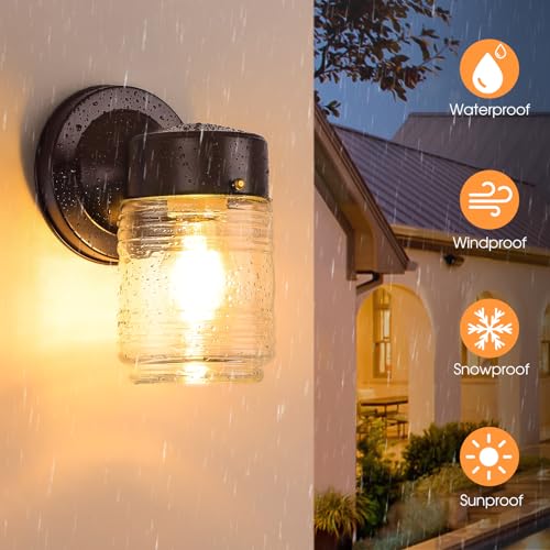 Jelly Jar Outdoor Wall Lantern, Black Exterior Waterproof Wall Mount Lighting Fixture, Anti-Rust Front Door Wall Sconce with Clear Ribbed Glass Shade, E26 Socket Wall Lamp for Patio, 2 Pack