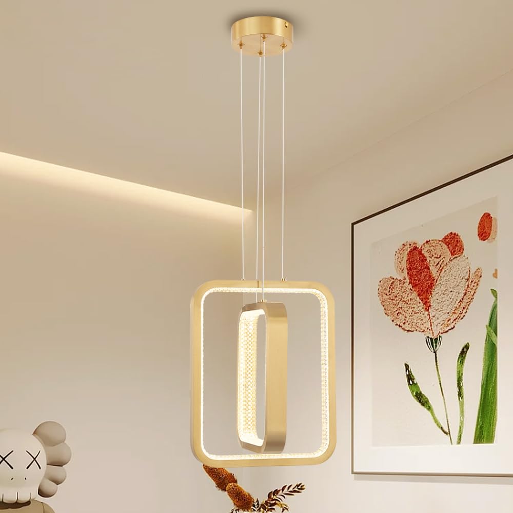 Modern LED Chandelier Dimmable 2 Ring Gold Pendant Light Acrylic 34W 4000K Height-Adjustable Modern Chandelier for Dining Room Living Room Bedroom Kitchen Island Foyer Stairway