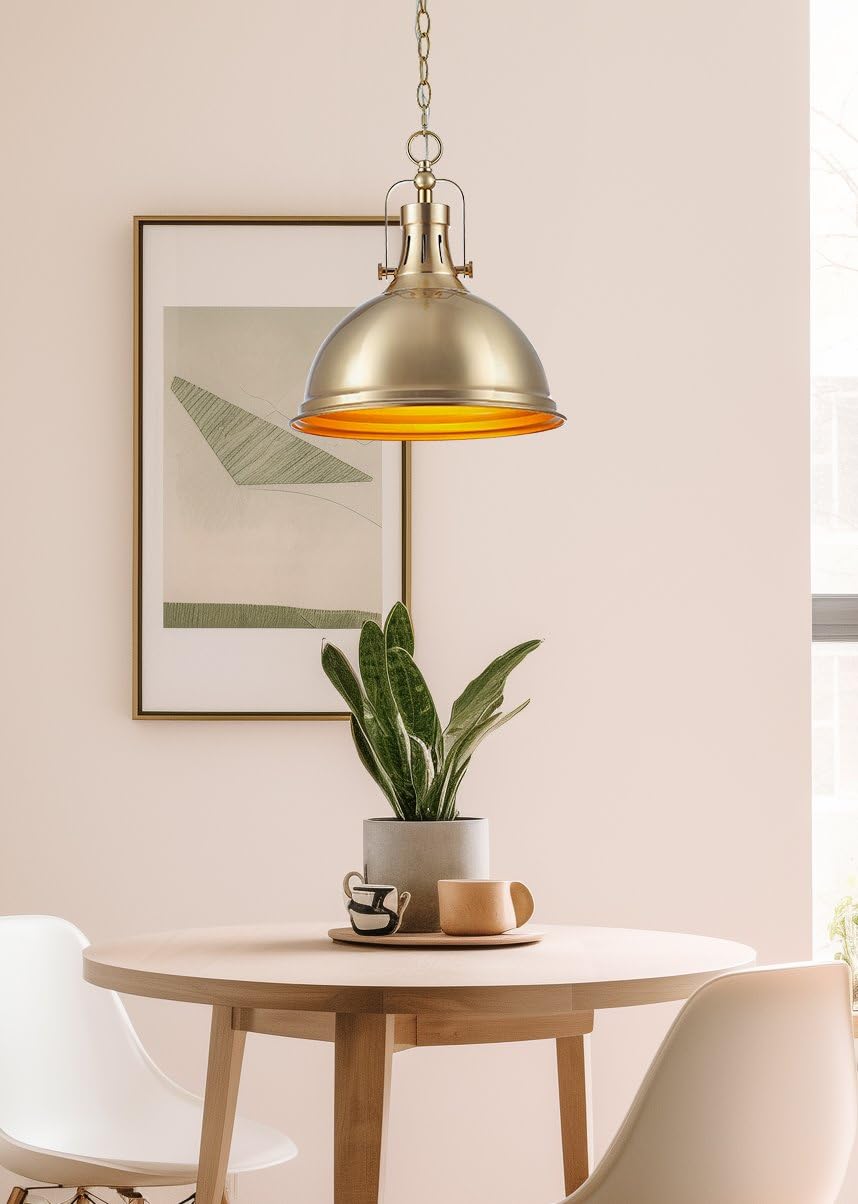 9" Contemporary Industrial Pendant Light, Adjustable Length + Shade Swivel Joint, Brushed Brass Finish