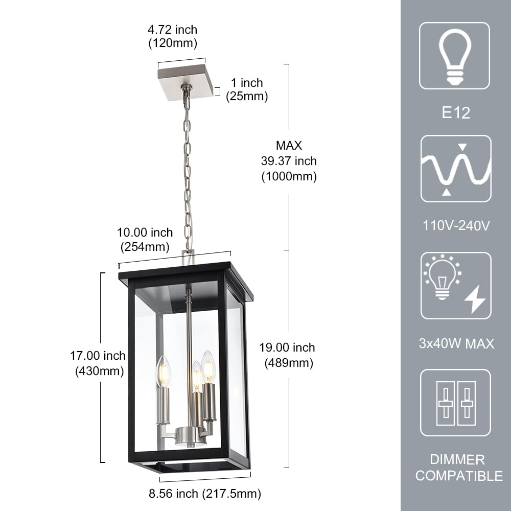 3-Lights Large Outdoor Pendant Lighting Clear Glass, Ceiling Porch Light Fxitures Adjustable Chain for Foyer Patio, Exterior Hanging Lantern Lamp, E12 Bulb Base, Black & Bruhed Brass