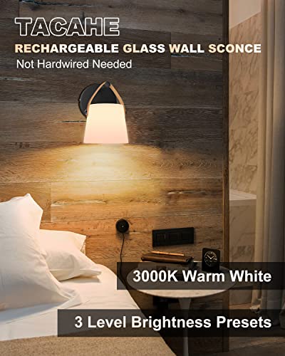 Battery Operated Wall Sconce with Glass Shade - 3000K Warm White & 3 Brightness Setting - 4000 mAh Rechargeable Battery - Not Hardwired Needed - Wall Accent Night Light for Bedroom - Black