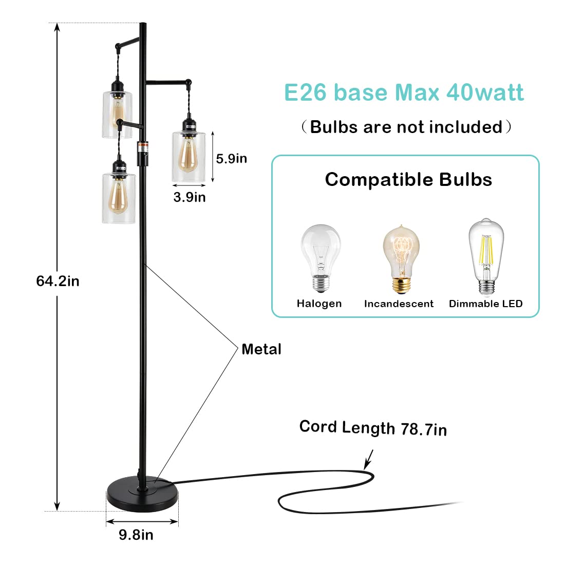 Industrial Floor Lamp with On/Off Dimmable Switch, 3-Head Rustic Tree Standing Lamp, Edison Bulb 40W Retro Tall Glass Floor Light for Living Room, Reading, Office, Bedroom, Black