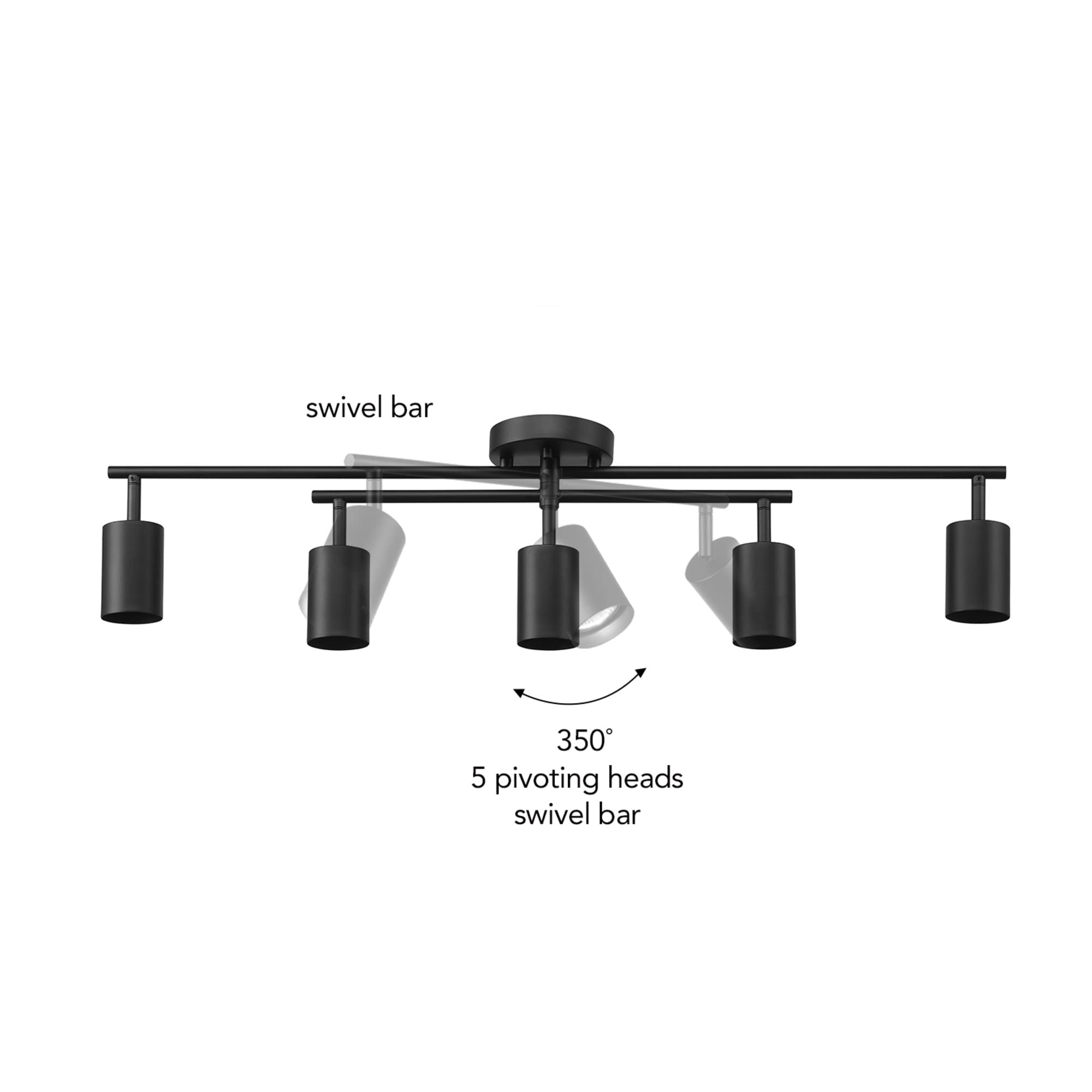 5-Light Track Lighting, Center Swivel Bar, Matte Black, Ceiling Light, Track Light Heads, Pivot Shades, Track Ceiling Light, Track Lighting Kit, 5 Bulb Kitchen Light