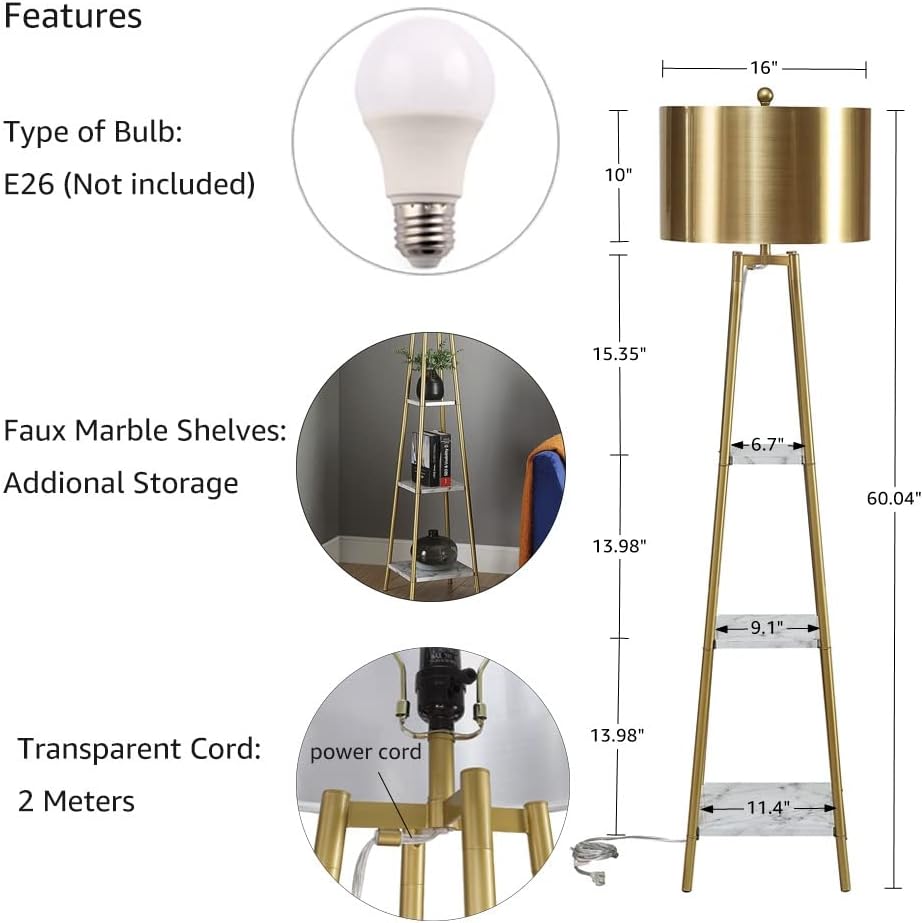 Floor Lamp, Standing Reading Light with Shelves and Gold Shade, Modern Tall Pole Lamp, Accent Furniture Décor Lighting for Living Room, Bedrooms