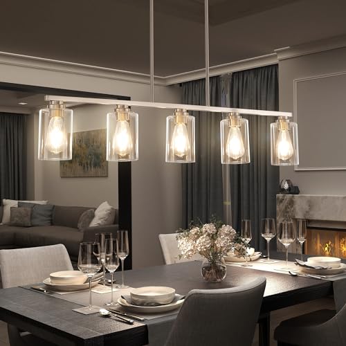 Island Light for Kitchen, Black and Gold Dining Room Light Fixture Over Table, 4-Light Linear Chandelier Pendant Lighting for Dining Table Kitchen Island Living Room