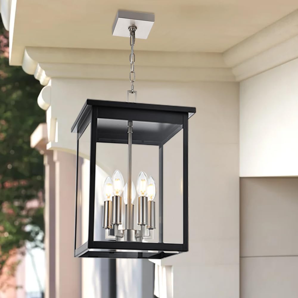 3-Lights Large Outdoor Pendant Lighting Clear Glass, Ceiling Porch Light Fxitures Adjustable Chain for Foyer Patio, Exterior Hanging Lantern Lamp, E12 Bulb Base, Black & Bruhed Brass