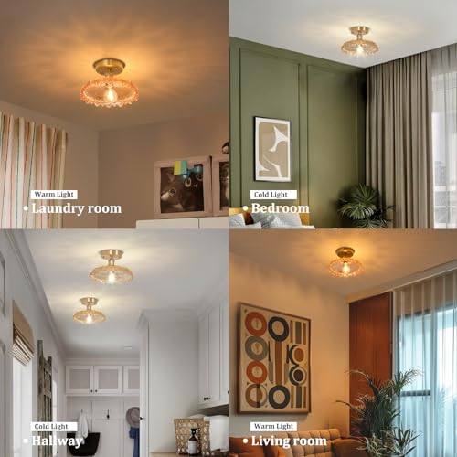 Semi Flush Mount Ceiling Light, Gold Hallway Vintage Lights Fixture Ceiling with Amber Peony Glass, Bulb Included, 4.72" Base Modern Ceiling Light Fixtures for Kitchen Bedroom