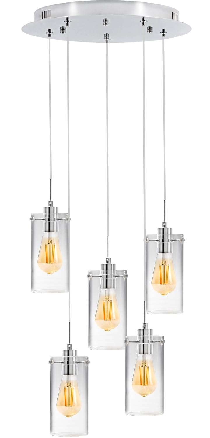 Pendant Lights Kitchen Island, 30W (5 x 6W) 5-Light Pendant Lighting Fixture with Clear Glass Shade, Adjustable Cord Ceiling Hanging Light Brushed Nickel Pendant Light Fixtures