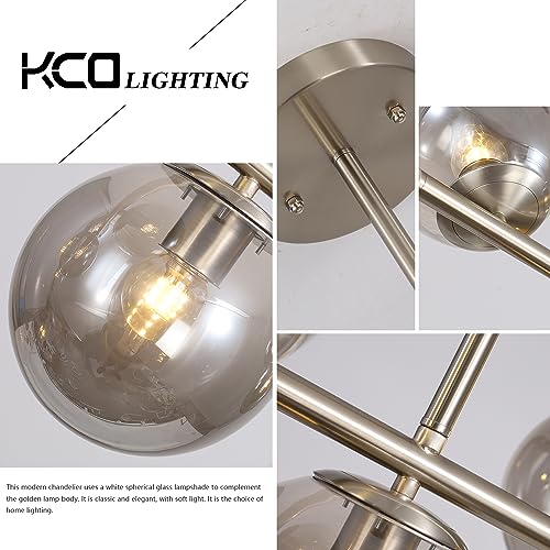 KCO Lighting Modern Brass Linear Chandelier Pendant Light 7-Lights Gold and White Glass Pendant Lighting Mid Century Globe Dining Light Fixture for Living Room Kitchen