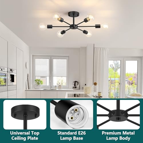 6-Lights Semi Flush Mount Ceiling Light, Matte Black Close to Ceiling Lighting with E26 Base, Modern Sputnik Light Fixtures for Kitchen Dining Room Bedroom Living Room