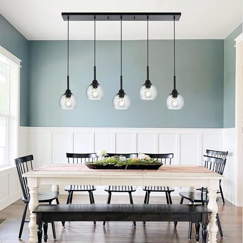 3 Light Island Lights for Kitchen with Striped Swirl Globe Glass, Black Linear Hanging Pendant Light Fixture Farmhouse Chandelier for Dining Room Bar Living Room