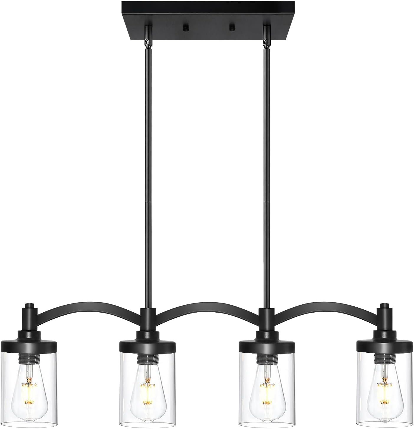 Kitchen Island Lighting, 4 Lights Dining Room Light Fixture, Modern Chandeliers for Dining Rooms Over Table, Linear Industrial Black Pendant Lights Kitchen Island with Clear Glass Shade