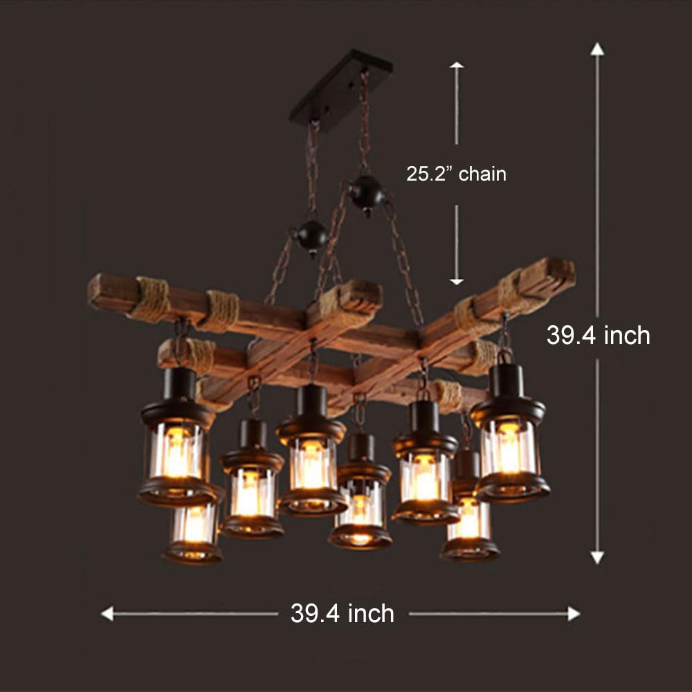 8 Lights Industrial Retro Wooden Chandelier Pendant Light Island Hanging Ceiling Fixture Vintage Farmhouse Wood Light Adjustable Chain for Home Cafe Bar Restaurant (39.4")