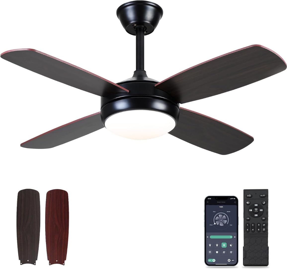 Ceiling Fans with Lights - 42" Black Outdoor Ceiling Fan with Light and Remote, Dimmable and Reversible Motor, Modern Low Profile Ceiling Fan Lights for Indoor Bedroom/Outdoor Covered Patio…