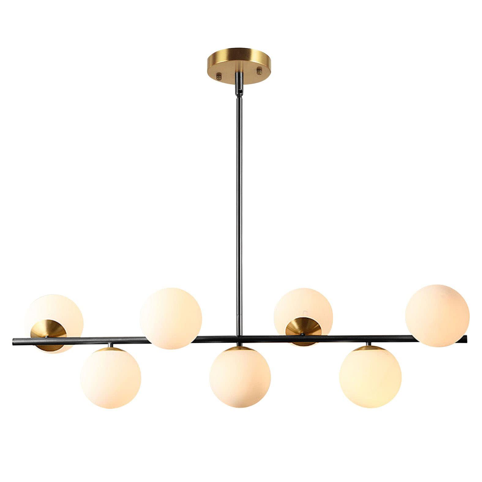 KCO Lighting Modern Brass Linear Chandelier Pendant Light 7-Lights Gold and White Glass Pendant Lighting Mid Century Globe Dining Light Fixture for Living Room Kitchen