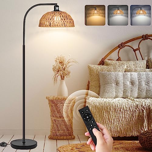 Rattan Floor Lamp- Boho Standing Lamp with Remote Control and Dimmable Bulb, Hand-Worked Adjustable Rattan Shades, Black Farmhouse Tall Lamp, Boho Arc Floor Lamps for Living Room, Bedroom, Office