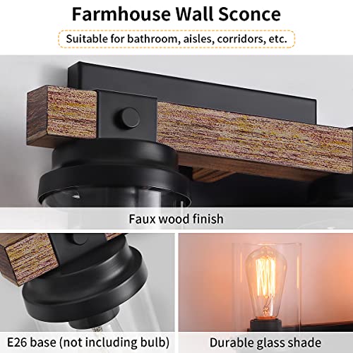 2-Light Farmhouse Vanity Lights for Bathroom, Rustic Bathroom Light Fixtures with Pretty Glass Shade, Black Industrial Wood Grain Wall Sconce for Bathroom Hallway Bedroom