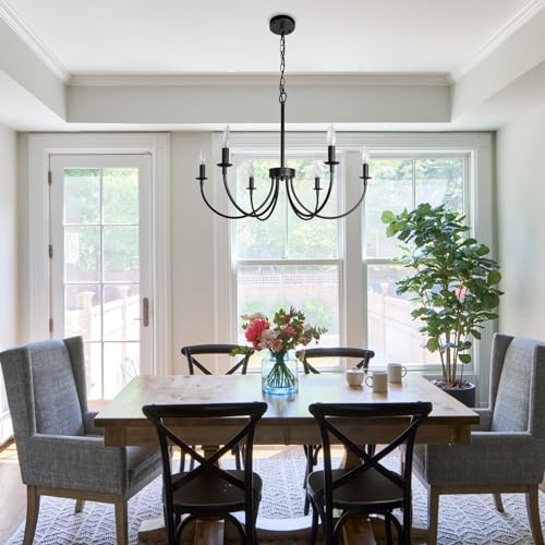 Chandelier, 6-Light Antique White Farmhouse Chandelier for Dining Room Lighting Fixtures Hanging, Candle Hanging Pendant Lights for Kitchen Living Room Bedroom Foyer