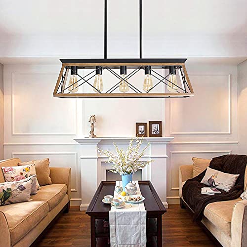 Farmhouse Chandeliers for Dining Room, Rustic Kitchen Island Light Fixture, 5-Light Linear Pendant Lighting Rectangular Chandelier, Metal Solid Ceiling Lights Black