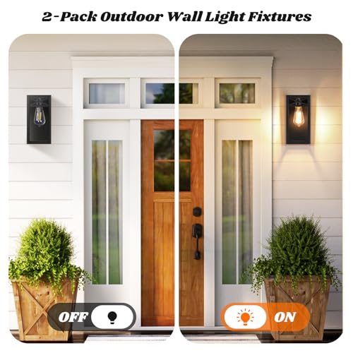 Outdoor Wall Lanterns, Exterior Waterproof Matte Black Wall Light Fixtures, Sconces Wall Lighting with Clear Glass Shade, Anti-Rust E26 Socket Wall Mount Lights for Porch Entryway Patio Garage, 2 Pack