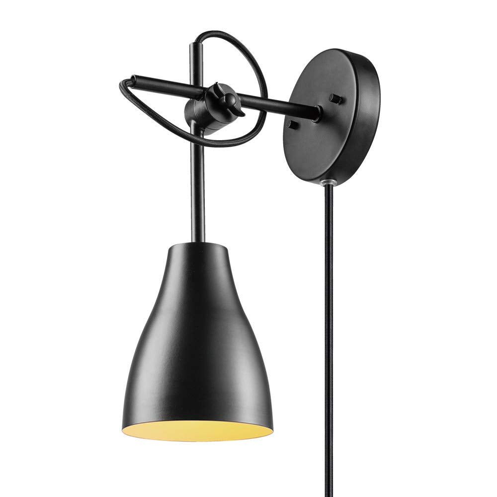 Globe Electric 51725 1-Light Dimmable Plug-in or Hardwire Wall Sconce, Matte Black, Faux Walnut Accent, Stepless Dimming Rotary Switch on Canopy, Black Fabric Cord, Bulb Not Included