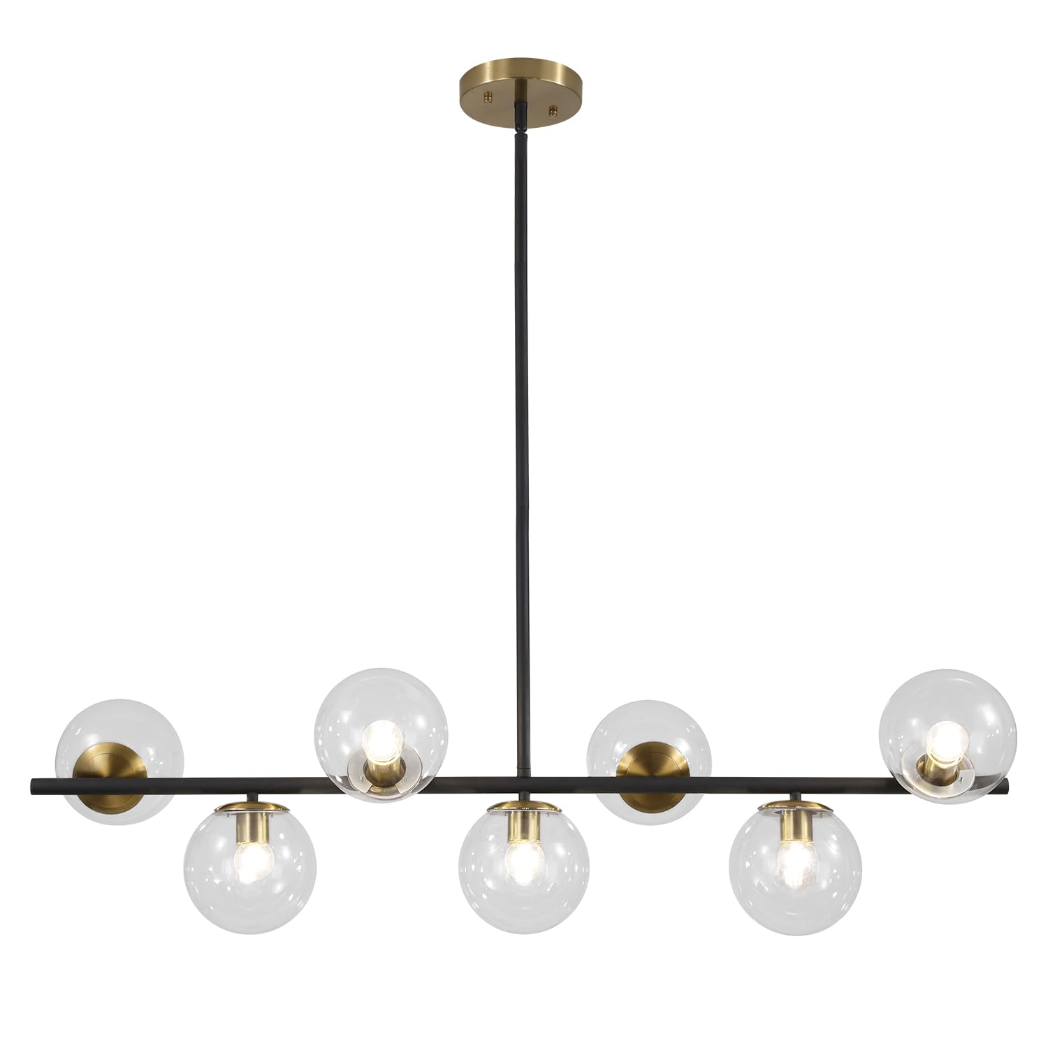 KCO Lighting Modern Brass Linear Chandelier Pendant Light 7-Lights Gold and White Glass Pendant Lighting Mid Century Globe Dining Light Fixture for Living Room Kitchen