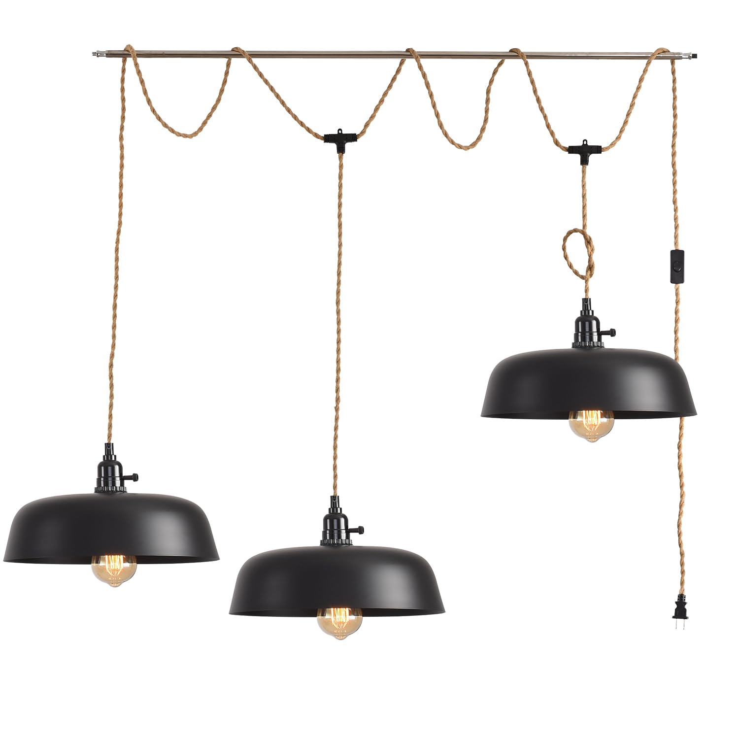 Triple Pendant Light with Plug in Pendant Light,22FT Industrial Hanging Lamp with Twisted Hemp Rope Independent Triple Switch Hanging Light Chandelier,Black Finish