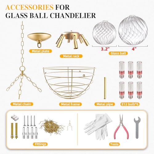 Semi Flush Mount Ceiling Bubble Ball Chandelier Lighting Dia 20 Inch Gold Clear Ribbed Blown Glass Chandeliers Ceiling Medallions Light Fixtures for Bedroom, Living Room, Entry, Bathroom