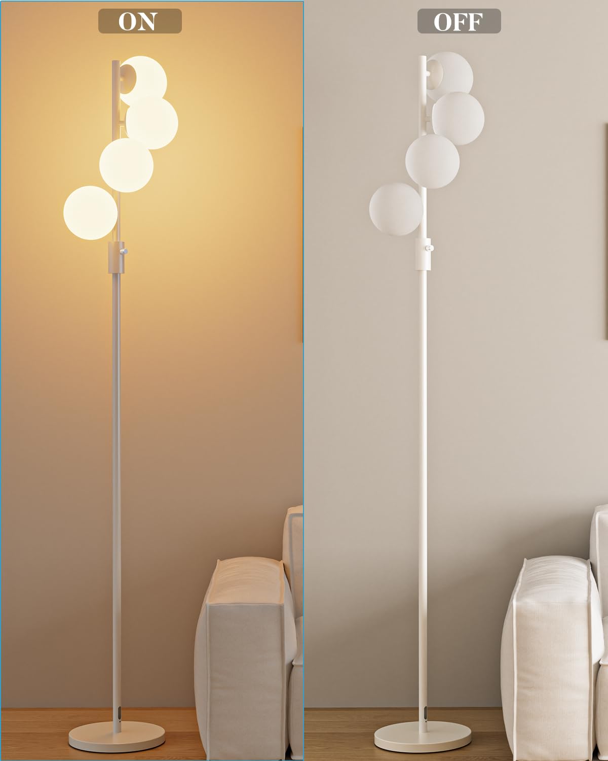 Dimmable Globe Floor Lamp, Gold Standing Lamps with 4PCS 3000K G9 Bulbs Soft Warm White Eye Care, Mid Century Modern Floor Lamp for Living Room