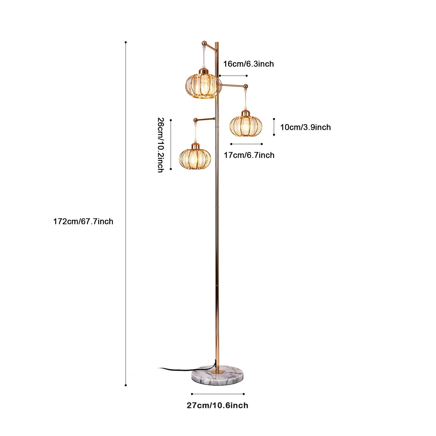 Industrial Style Crystal Tree Floor Lamp for Living Room,Bedroom,Office,Golden Floor Light,3 Lights